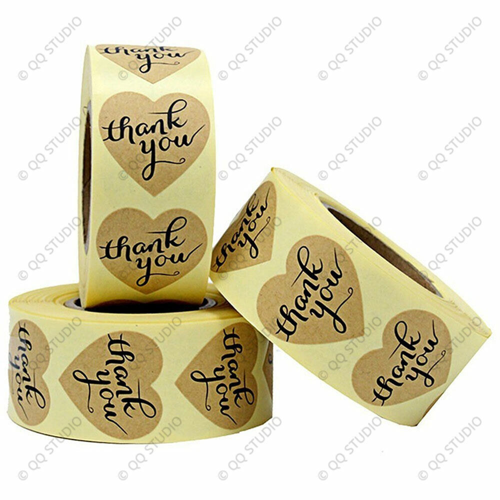 500pcs 1in Thank You Stickers Kraft Paper Heart Shaped for Gift Card