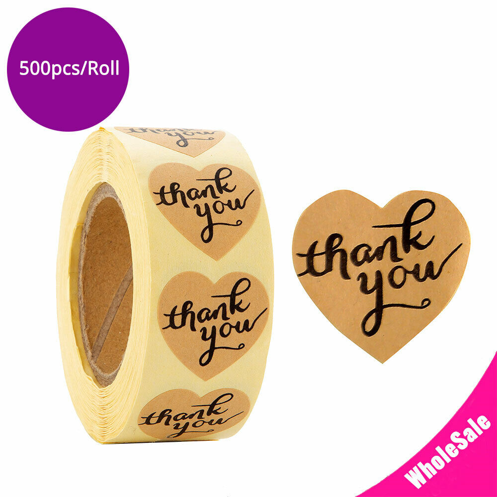 500pcs 1in Thank You Stickers Kraft Paper Heart Shaped for Gift Card